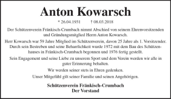 Traueranzeige von Anton Kowarsch von Trauerportal Rhein Main Presse