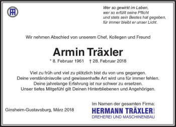 Traueranzeige von Armin Träxler von Trauerportal Rhein Main Presse