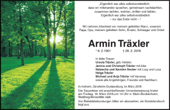 Traueranzeige von Armin Träxler von Trauerportal Rhein Main Presse