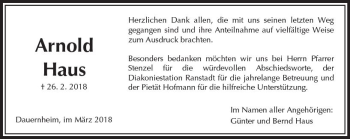 Traueranzeige von Arnold Haus von  Kreisanzeiger