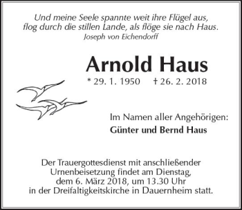 Traueranzeige von Arnold Haus von  Kreisanzeiger