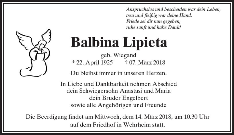  Traueranzeige für Balbina Lipieta vom 10.03.2018 aus  Usinger Anzeiger