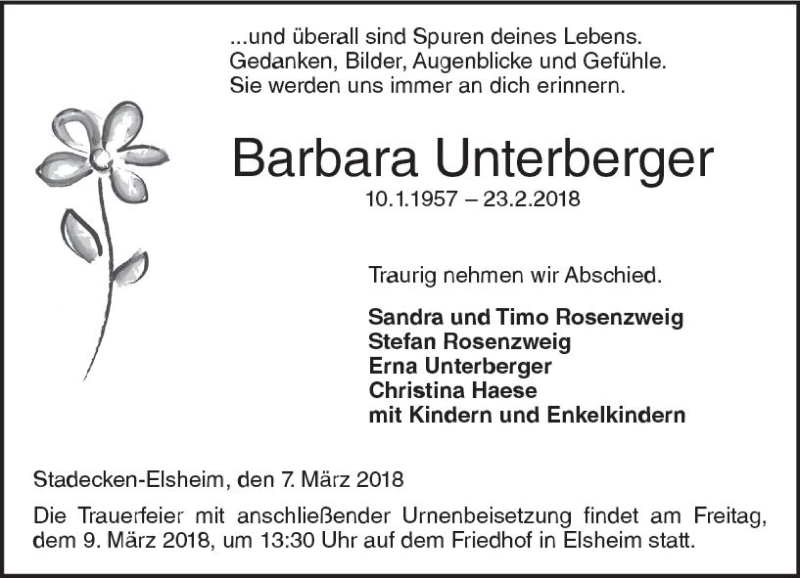 Traueranzeige für Barbara Unterberger vom 07.03.2018 aus Trauerportal Rhein Main Presse