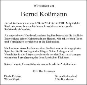 Traueranzeige von Bernd Koßmann von Trauerportal Rhein Main Presse