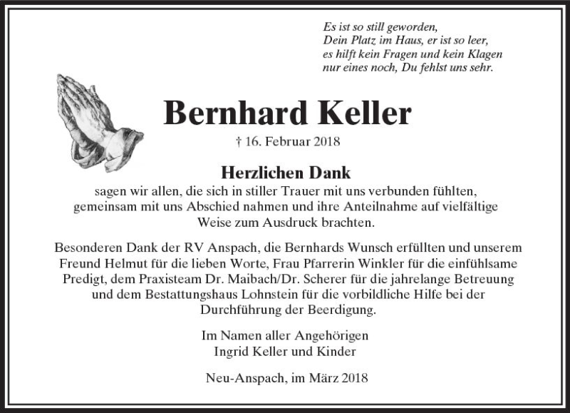  Traueranzeige für Bernhard Keller vom 10.03.2018 aus  Usinger Anzeiger