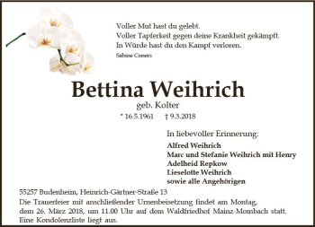 Traueranzeige von Bettina Weihrich von Trauerportal Rhein Main Presse