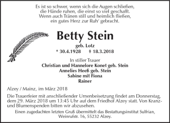 Traueranzeige von Betty Stein von Trauerportal Rhein Main Presse