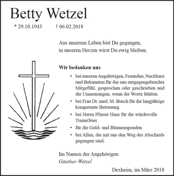 Traueranzeige von Betty Wetzel von Trauerportal Rhein Main Presse