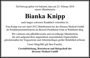 Traueranzeige von Bianka Knipp von  Usinger Anzeiger