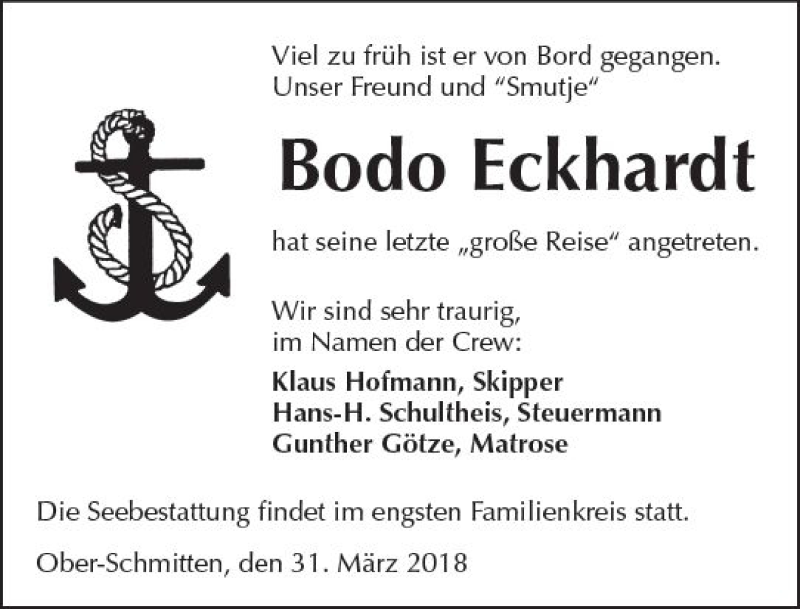  Traueranzeige für Bodo Eckhardt vom 31.03.2018 aus  Kreisanzeiger