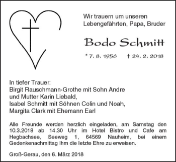 Traueranzeige von Bodo Schmitt von Trauerportal Rhein Main Presse