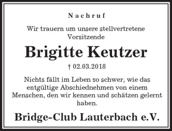 Traueranzeige von Brigitte Keutzer von VRM Trauer