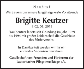 Traueranzeige von Brigitte Keutzer von VRM Trauer
