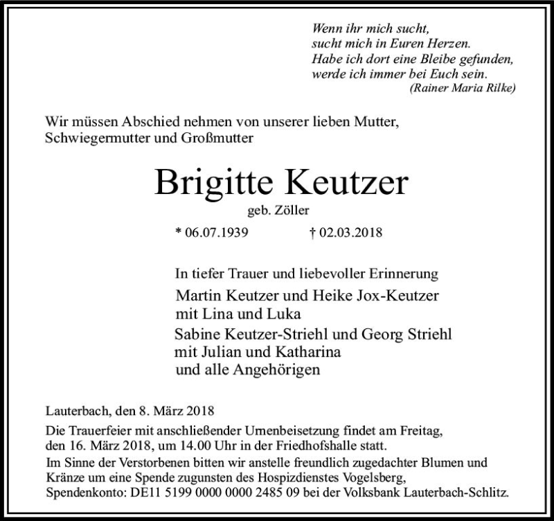  Traueranzeige für Brigitte Keutzer vom 08.03.2018 aus VRM Trauer
