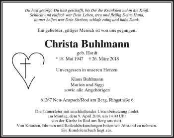 Traueranzeige von Christa Buhlmann von  Usinger Anzeiger