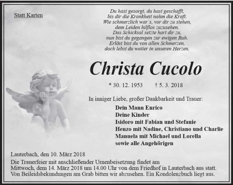  Traueranzeige für Christa Cucolo vom 10.03.2018 aus VRM Trauer