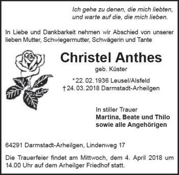 Traueranzeige von Christel Anthes von Trauerportal Rhein Main Presse
