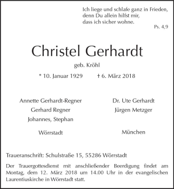 Traueranzeige von Christel Gerhardt von Trauerportal Rhein Main Presse