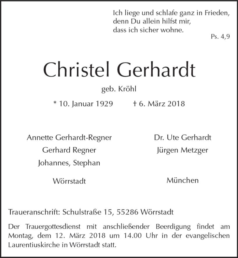  Traueranzeige für Christel Gerhardt vom 08.03.2018 aus Trauerportal Rhein Main Presse