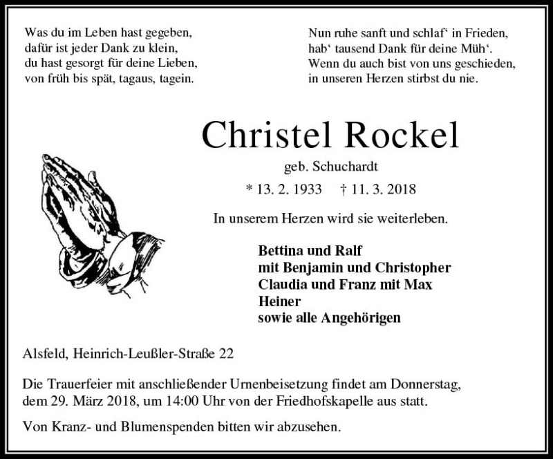  Traueranzeige für Christel Rockel vom 26.03.2018 aus VRM Trauer