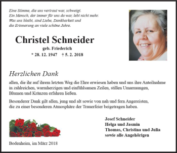 Traueranzeige von Christel Schneider von Trauerportal Rhein Main Presse