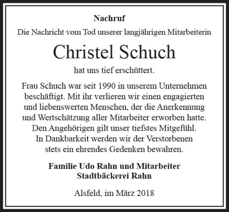  Traueranzeige für Christel Schuch vom 20.03.2018 aus VRM Trauer