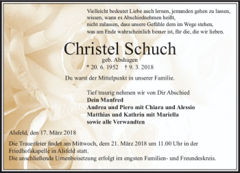 Traueranzeige von Christel Schuch von VRM Trauer