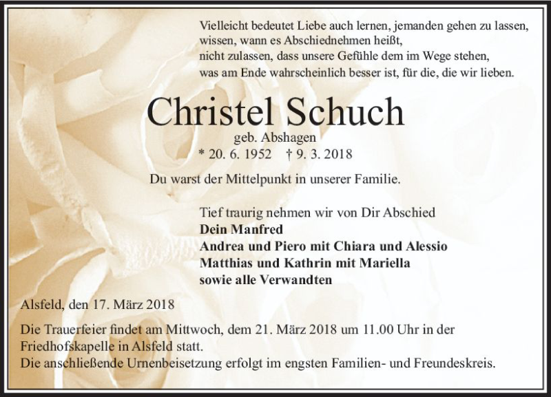  Traueranzeige für Christel Schuch vom 17.03.2018 aus VRM Trauer