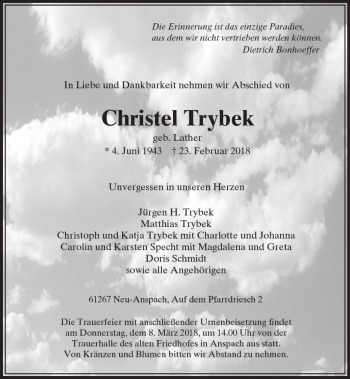 Traueranzeige von Christel Trybek von  Usinger Anzeiger