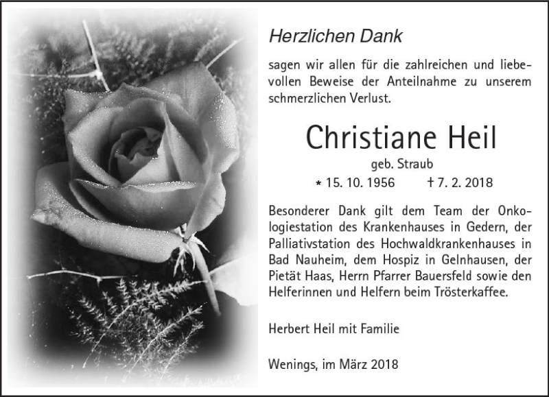  Traueranzeige für Christiane Heil vom 03.03.2018 aus  Kreisanzeiger