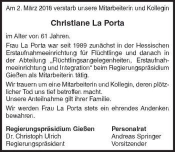 Traueranzeige von Christiane La Porta von  Gießener Anzeiger