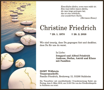 Traueranzeige von Christine Friedrich von Trauerportal Rhein Main Presse
