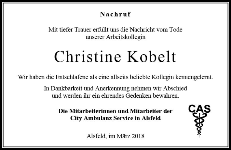  Traueranzeige für Christine Kobelt vom 24.03.2018 aus VRM Trauer