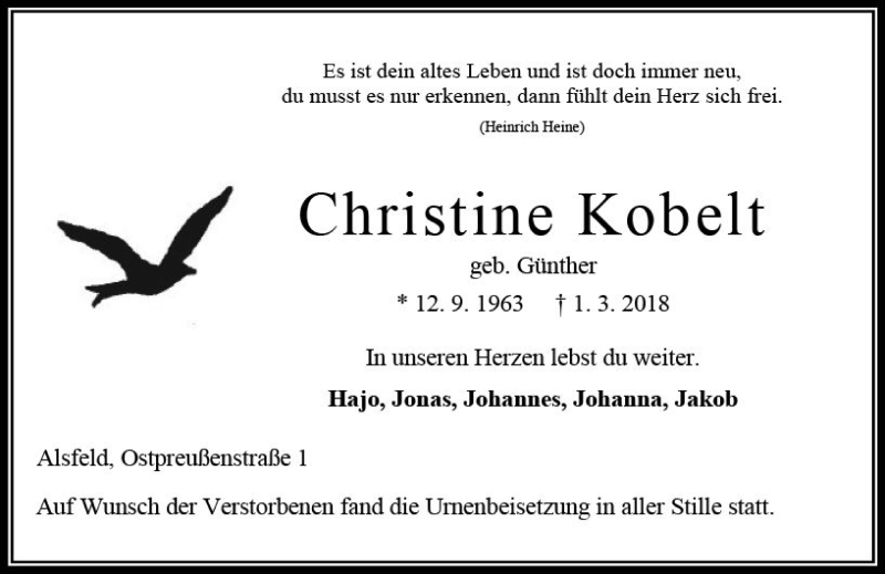  Traueranzeige für Christine Kobelt vom 24.03.2018 aus VRM Trauer