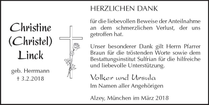  Traueranzeige für Christine Linck vom 10.03.2018 aus Trauerportal Rhein Main Presse