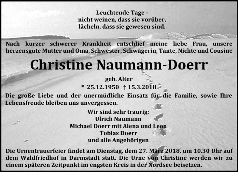  Traueranzeige für Christine Naumann-Doerr vom 24.03.2018 aus Trauerportal Rhein Main Presse