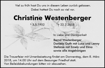 Traueranzeige von Christine Westenberger von Trauerportal Rhein Main Presse