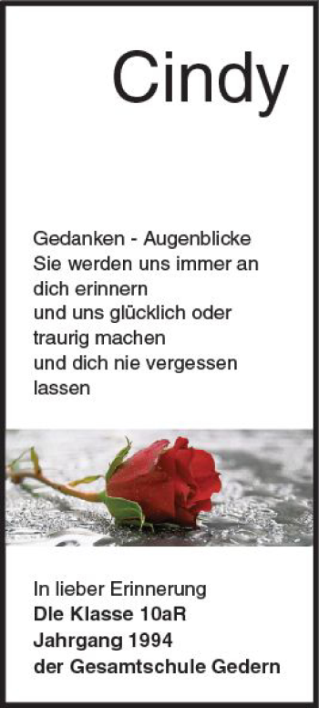 Traueranzeige von Cindy  von  Kreisanzeiger
