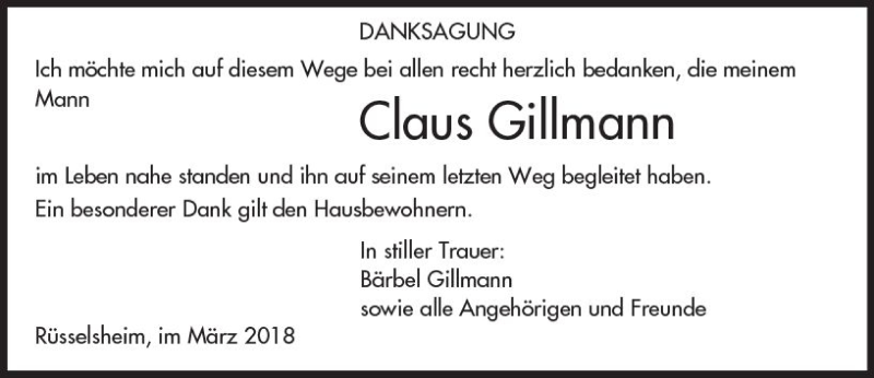  Traueranzeige für Claus Gillmann vom 24.03.2018 aus Trauerportal Rhein Main Presse