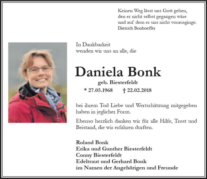  Traueranzeige für Daniela Bonk vom 24.03.2018 aus Trauerportal Rhein Main Presse