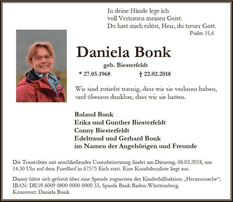  Traueranzeige für Daniela Bonk vom 03.03.2018 aus Trauerportal Rhein Main Presse