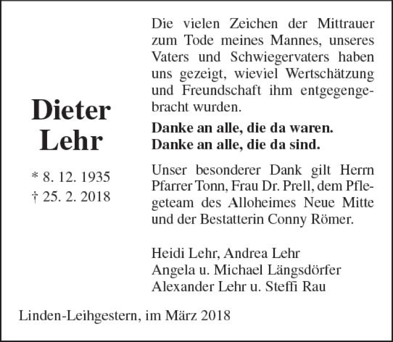  Traueranzeige für Dieter Lehr vom 24.03.2018 aus  Gießener Anzeiger