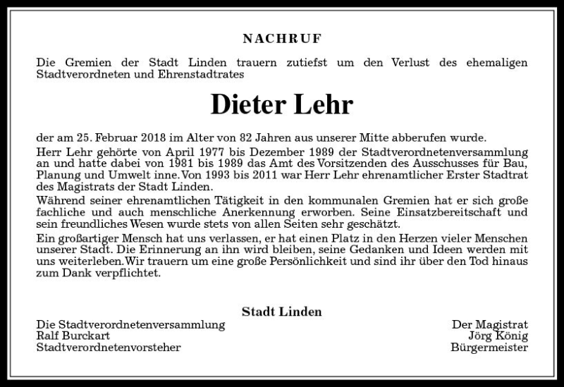  Traueranzeige für Dieter Lehr vom 03.03.2018 aus  Gießener Anzeiger