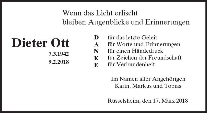  Traueranzeige für Dieter Ott vom 17.03.2018 aus Trauerportal Rhein Main Presse