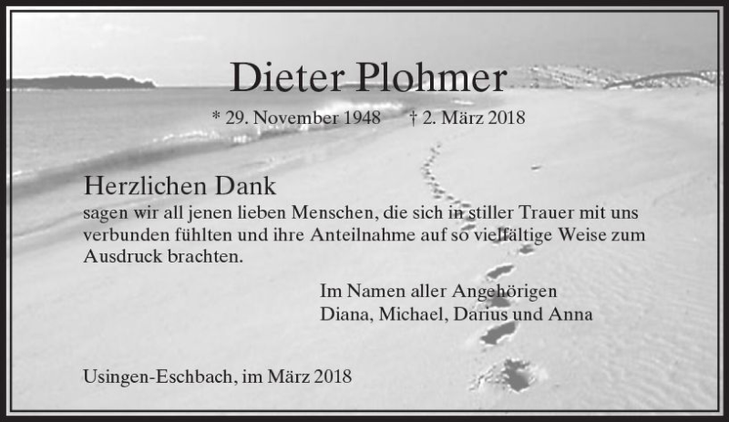  Traueranzeige für Dieter Plohmer vom 24.03.2018 aus  Usinger Anzeiger