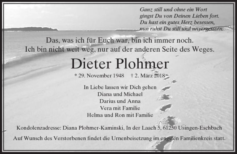  Traueranzeige für Dieter Plohmer vom 07.03.2018 aus  Usinger Anzeiger