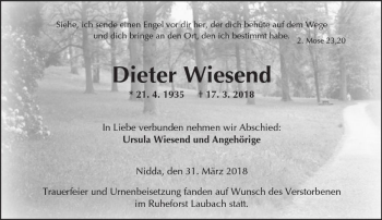 Traueranzeige von Dieter Wiesend von  Kreisanzeiger