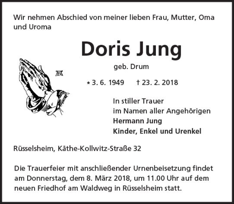  Traueranzeige für Doris Jung vom 03.03.2018 aus Trauerportal Rhein Main Presse