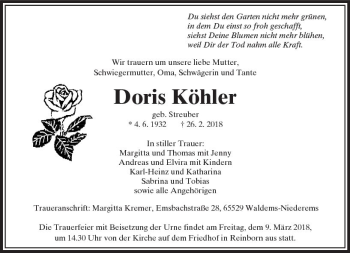 Traueranzeige von Doris Köhler von  Camberger Anzeiger