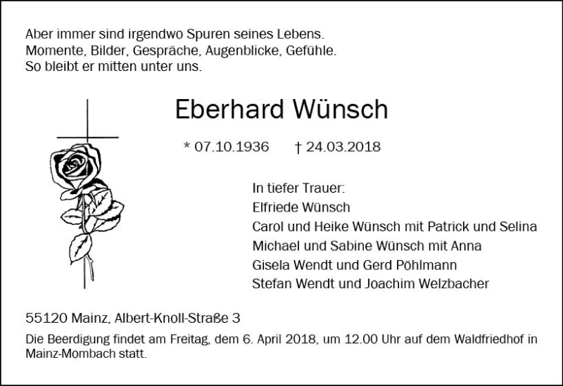  Traueranzeige für Eberhard Wünsch vom 31.03.2018 aus Trauerportal Rhein Main Presse